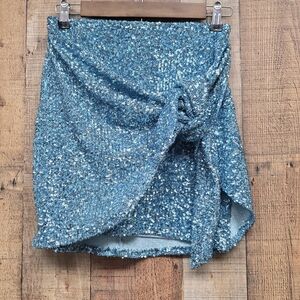 Show Me Your Mumu Why Knot Tie Sequin Mini Skirt Frosty Blue Size Small
